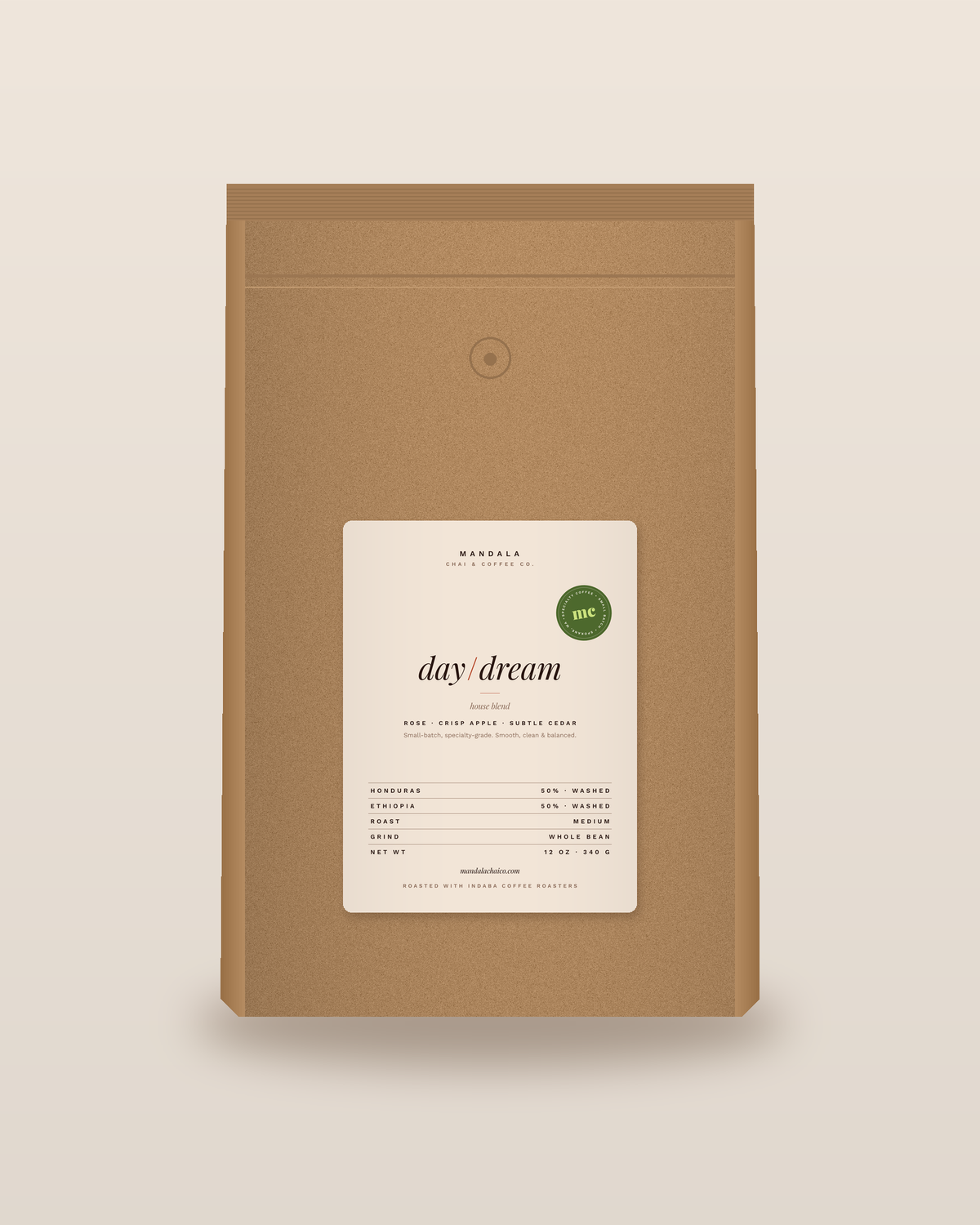 day/dream house blend coffee in a 12 oz kraft bag with a cream Mandala label