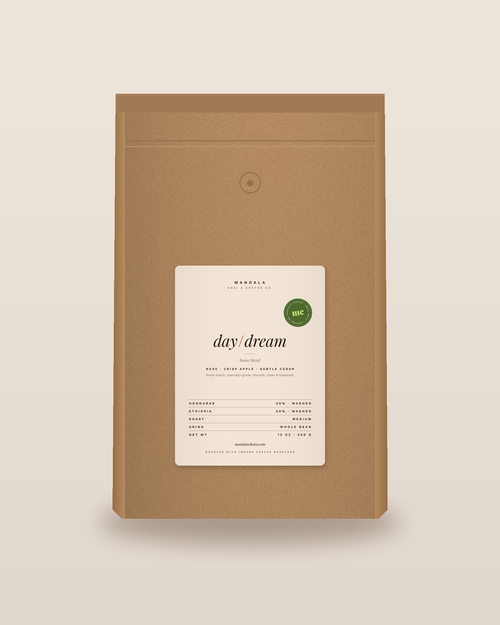 day/dream house blend coffee in a 12 oz kraft bag with a cream Mandala label